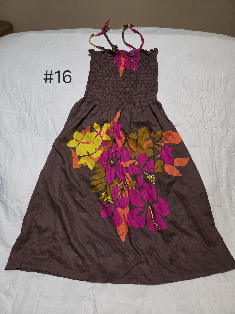 NWT Tropical Hibiscus Smocked Midi Dress – Brown w/ Vibrant Floral Print